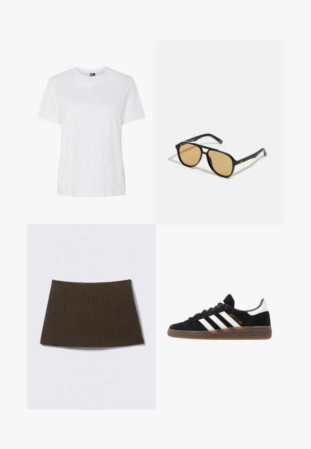 T-shirt branco de algodão com mangas curtas e decote redondo. Textura suave, corte descontraído e sem padrões ou accents visíveis.; Saia castanha às riscas com um design ajustado, textura suave e bainha ampla, ideal para um visual elegante.; Sapatilha Adidas preta com riscas brancas, texto dourado "Spezial", sola de borracha e aba do calcanhar branca, apresentada em vista lateral.; Óculos de sol pretos com lentes castanhas; formato retangular com uma armação grossa, incluindo sutis detalhes metálicos nas hastes.