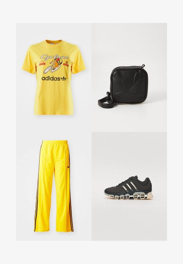 Žuta pamučna majica s grafikom bicikla, tekstom "Cyclone" i logotipom Adidas koji je istaknuto prikazan na dnu. Kratki rukavi.; Žute atletske hlače s crnim bočnim trakama i elastičnom waistbandom. Izrađene od glatkog, laganog materijala. Sadrže logo na bedro.; Crne atletske tenisice s teksturiranim gornjim dijelom, tri srebrne pruge i posebnim potplatom s višestrukim integriranim sekcijama.; Crna kvadratna torbica preko tijela napravljena od teksturiranog sintetičkog materijala. Ima urezani dizajn logotipa i podesivu traku. Zatvaranje na patentni zatvarač.