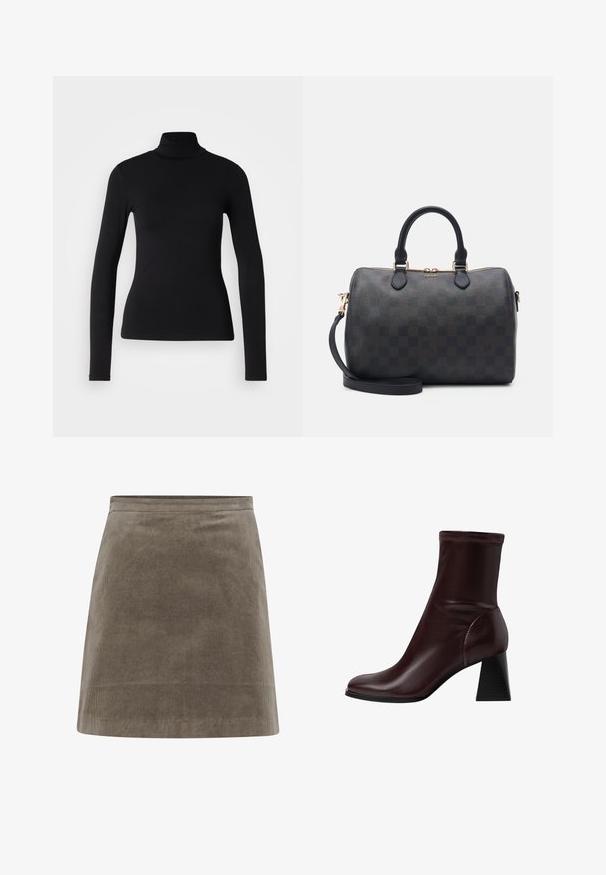 Pull col roulé noir en tissu extensible. Il possède des manches longues, une coupe ajustée et une texture lisse sans motifs ni ornements.; Jupe mini en velours côtelé kaki avec une forme droite, une texture lisse et une taille simple, présentant des lignes côtelées verticales sur toute sa surface.; Stradivarius BLOCK - Bottines - dark red; Sac à main en cuir à carreaux noirs avec quincaillerie dorée, poignées supérieures arrondies et bandoulière détachable. Texture lisse avec une forme structurée.