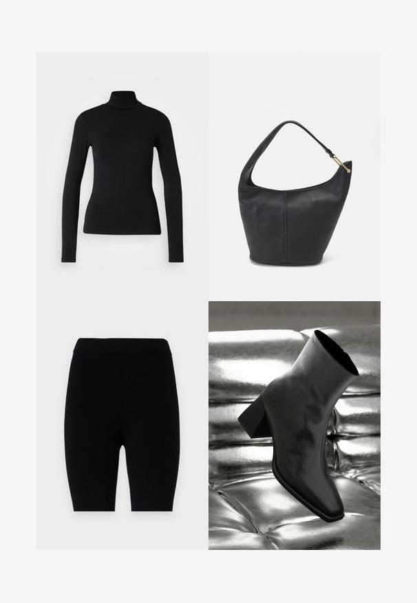 Melnā augstā apkakle kreklā, izgatavots no elastīga auduma. Iezīmē garas piedurknes, pieguļošu dizainu un gludu tekstūru bez rakstiem vai rotājumiem.; Melnas leggingas, kas izgatavotas no elastīga auduma, ar vienkāršu dizainu, elastīgu jostu un viendabīgu krāsu bez rakstiem vai akcentiem.; Melnas potītes kurpes, izgatavotas no spīdīga materiāla, ar kvadrātveida purngalu un konusveida papēdi, novietotas uz spīdīga sudraba izšūta fona.; Melnas ādas rokassomi ar noapaļotu formu, platu siksnu un strukturētu apdari. Iezīmējas ar nelielām šuvju detaļām un zelta tonī izstrādātu aparatūru.