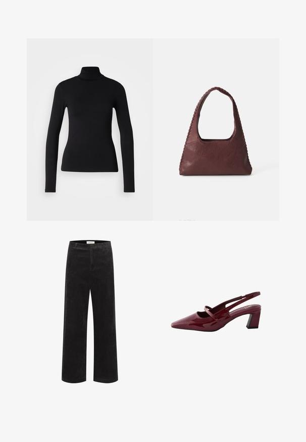 Juodas megztinis su aukštu kaklu, pagamintas iš elastingos medžiagos. Turi ilgomis rankovėmis, prigludusią siluetą ir lygią tekstūrą be raštų ar dekoracijų.; Juodos velveto plataus skersvato kelnės su vertikaliu raštu, struktūruotu liemeniu ir plokščiu priekiu. Audinys atrodo minkštas su šiek tiek blizgesio.; Next FOREVER COMFORT SQUARE TOE - REGULAR FIT - Klasikiniai aukštakulniai - red; Burgundi odinės rankinės trikampio formos, atvira viršuje ir pintas detalės palei rankeną. Lygus paviršius su matinio apdaila.; Sidabrinės auskarų kilpos su lygiu, blizgiu paviršiumi. Apvalios formos su šiek tiek išlenktu dizainu ir sumaišytomis briaunomis. Smeigtuko užsegimas.