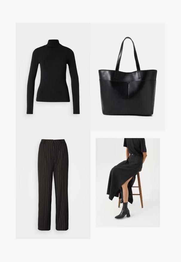Musta poolikauluspaita, joka on valmistettu joustavasta kankaasta. Siinä on pitkät hihat, kireä muotoilu ja sileä pinta ilman kuvioita tai koristeita.; Mustat housut, joissa on pystysuorat valkoiset raitat, suora lahkeiden muotoilu sekä sileä kangas ja hyvin istuva vyötärönauha.; Musta pellavasta valmistettu maxi-hame, jossa on korkea halkio, puettuna mustan t-paidan ja mustien nilkkabootsien kanssa. Minimalistinen muotoilu, rento istuvuus.; Musta nahkainen kassi, jossa on kaksi pitkää kahvaa, sileä pinta ja jämäkkä muoto. Sisältää etutaskun lisävarastointia varten.