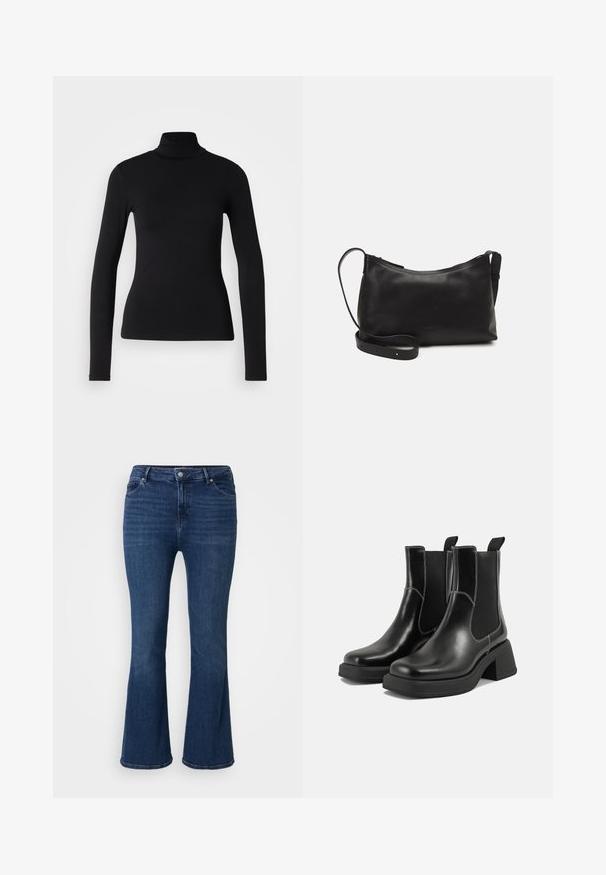 Sort turtleneck skjorte lavet af strækbart stof. Den har lange ærmer, en tætsiddende pasform og en glat tekstur uden mønstre eller dekorationer.; Mørkeblå buksestræk i denim med fem lommer og lynlås. Stoflaget har en let struktur og en klassisk finish.; Sorte læder Chelsea-støvler med en kraftig hæl, elastiske sidepaneler og kontrastfarvet hvid syning. Tekstureret overflade.; Sort læder skuldertaske med en glat tekstur, buet form, justerbar rem og lynlås. Minimalistisk design uden udsmykninger.