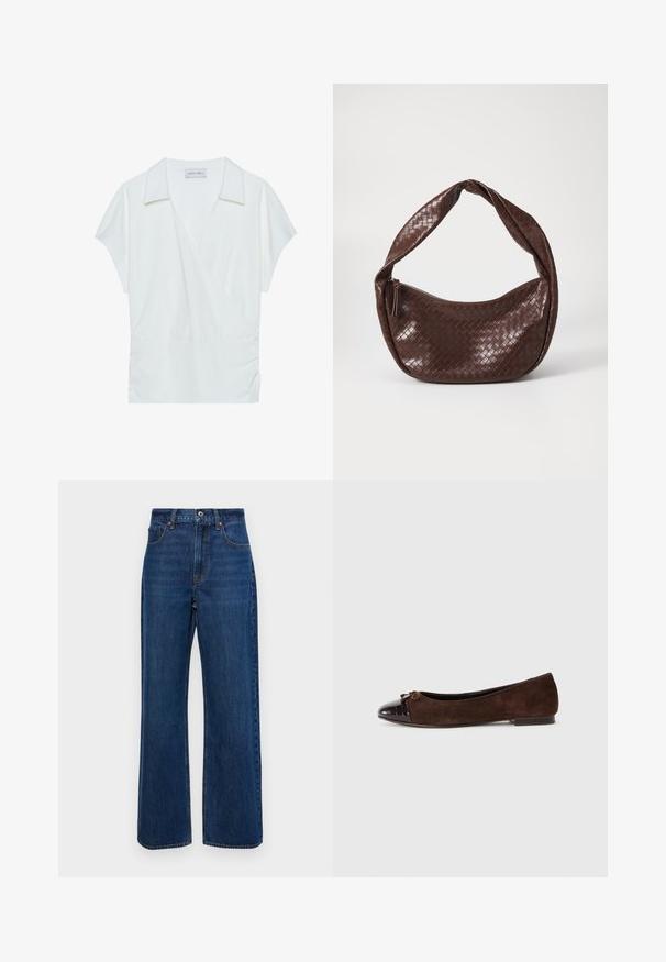 Bela bluzica s ovratnikom, izrađena od glatkog materijala, s kratkim rukavima i nabranim detaljima u struku za opuštenu figuru.; Temno modri široki kavbojki iz denima, z visokim pasom, zasnovo s petimi žepi in vidnimi šivi ob šivih.; Rjave semiš baletke z lesketajočim temno rjavim lakiranim pokrovom in majhnim poudarkom v obliki pentlje spredaj. Ravna peta.; Rjava prepletena usnjena torbica s ukrivljenim, vozlano ročajem in zadrgo. Gladka tekstura in okrogla oblika.