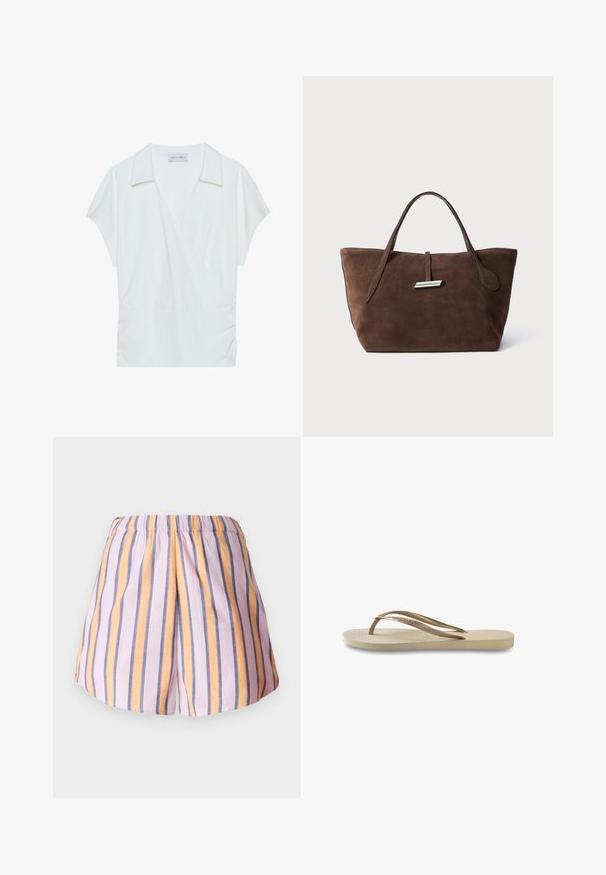 Bílá blůza s límcem z hladkého materiálu, s krátkými rukávy a nařasením v pase pro uvolněný střih.; Pruhované šortky s růžovými, oranžovými a modrými svislými pruhy, elastickým pasem a měkkou texturou látky.; Světlobéžové žabky s texturovanou stélkou, plochou podrážkou a tenkými lesklými pásky. Na pásku je jemné logo.; Hnědá semišová taška přes rameno s dvěma měkkými uchy, vertikálním popruhem se stříbrným akcentem a širokým, otevřeným vrcholem. Hladká textura, minimalistický design.