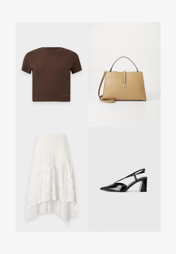 Smeđi skraćeni majica od mekog pamuka, s kratkim rukavima i okruglim izrezom. Uključuje suptilni "Guess" logo u zlatnoj boji na dnu.; Bijela, višeslojna suknja s cvjetnim vezom. Ima uski pojas i lepršavu, slojevitu tkaninu koja stvara asimetrični rub.; Crne lakirane kožne cipele s otvorenom petom, visoke potpetice, šiljastog prsta, podesivom trakom i debelim pravokutnim potplatom.; Tommy Hilfiger LIBRE SATCHEL - Ručna torba - safari