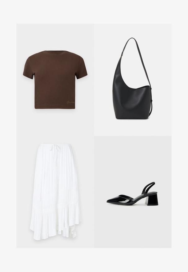 Ruda trumpa marškinėliai, pagaminti iš minkštos medvilnės, turi trumpas rankoves ir apvalų iškirpimą. Apačioje yra subtilus auksinis "Guess" logotipas.; Balta, sluoksniuota sijonas, pagamintas iš lengvos medžiagos, su raišteliu juosmens srityje ir nėrinių detalėmis visoje sluoksniuose. Hemas yra asimetriškas.; Juodos lakuotos odinės šlepetės su smailiu pirštu ir geometriniu bloko kulnu. Turi elegantišką, minimalistinį dizainą ir lygų paviršių.; Juodas odinis hobo maišas su lygiu paviršiumi, kreipta forma ir viena reguliuojama rankena; turi platų atidarymą viršuje.