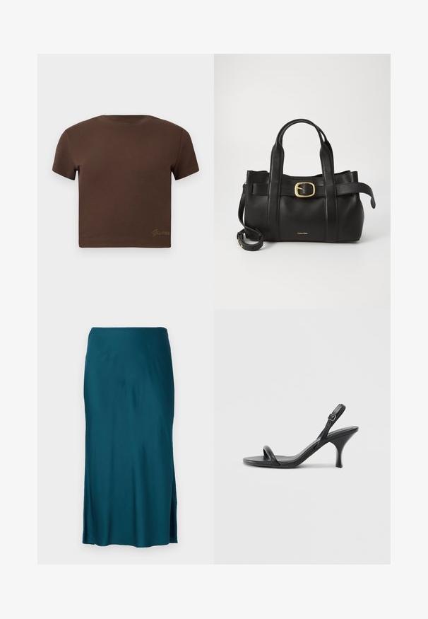 Brun kortärmad t-shirt i mjuk bomull med rund halsringning. Har en diskret "Guess"-logotyp i guld längst ner.; Teal satäng midi skirt med rak silhuett, sidoklipp och slät textur; designad för en bekväm passform.; Svarta läder högklackade sandaler med en smal, böjd klack och ett korsat remdesign. Justerbar ankelrem. Slät textur.; Svart läderhandväska med en strukturerad design, dubbla topphandtag, detaljer i guldton med spänne och präglad logotyp framtill.