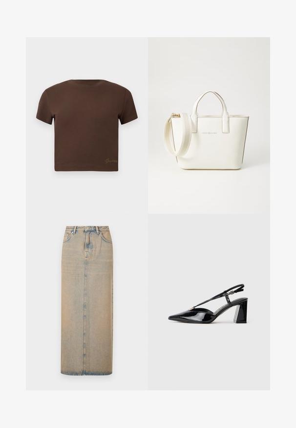 Maglietta cropped marrone in morbido cotone, con maniche corte e scollatura rotonda. Include il logo "Guess" in oro in modo discreto nella parte inferiore.; Una lunga gonna in denim di colore azzurro chiaro con taglio dritto. Presenta cinque tasche, passanti per la cintura e chiusura frontale con bottoni. Texture scolorita su tutta la superficie.; Scarpe con tacco alto in vernice nera, con punta appuntita, cinturino regolabile e tacco rettangolare chunky.; Borsa in ecopelle bianca con manici corti, tracolla regolabile e dettagli in metallo dorato; presenta un logo discreto sul davanti.