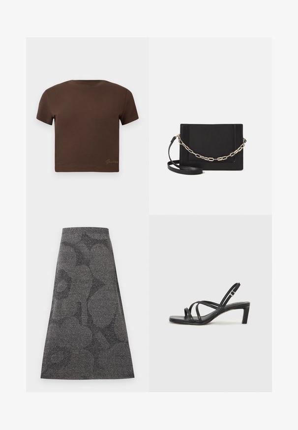 Brown cropped t-shirt made of soft cotton, featuring short sleeves and a round neckline. Includes subtle "Guess" logo in gold at the bottom.; Gray, knee-length skirt with a textured, sparkly finish. Features a subtle dark pattern. A-line design with a fitted waistband.; Black strappy sandal with a square toe and a low block heel. Features multiple thin straps and an adjustable ankle strap. Made of smooth leather.; Black leather crossbody bag featuring a smooth texture, rectangular shape, and a metallic chain detail on the front. Adjustable strap included.