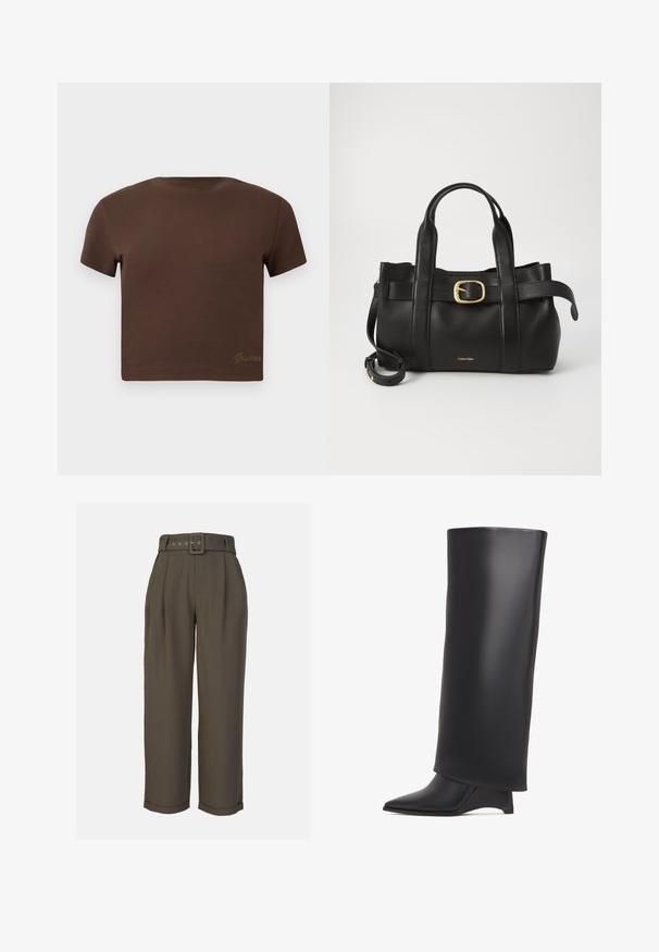 Brown cropped t-shirt made of soft cotton, featuring short sleeves and a round neckline. Includes subtle "Guess" logo in gold at the bottom.; High-waisted, pleated trousers in dark olive green fabric. Features a removable belt with a square buckle and rolled cuffs at the ankles.; Black knee-high boot made of smooth leather, featuring a pointed toe and a triangular heel. Designed with a sleek, smooth upper.; Black leather handbag featuring a structured design, dual top handles, gold-tone buckle accent, and embossed brand logo at the front.