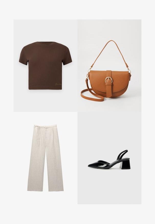 Barna, rövid fazonú póló, puha pamutból készült, rövid ujjal és kerek nyakkivágással. Diszkrét, arany színű "Guess" logó található az alján.; Világos bézs vászon, bő szárú nadrág magas derékkal, plisszírozott részletekkel és állítható zsinórral. A sima textúra és a letisztult vonalak fokozzák a dizájnt.; Fekete lakk bőr szandálkés magas sarkú cipő, hegyes orral és geometrikus tömbsarkakkal. Karcsú, minimalista dizájn és sima textúra jellemzi.; Barna bőr keresztbody táska ívelt formával, aranyszínű fémrészekkel és csat díszítéssel. Levehető vállpánttal rendelkezik.