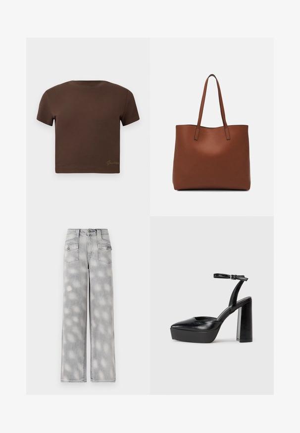 Brūns īsais krekls, kas izgatavots no mīkstas kokvilnas, ar īsām piedurknēm un apaļu apkakli. Apakšā ir diskretais "Guess" logo zeltītā krāsā.; Gai pelēki džinsi ar platām kājām, augsta jostasvieta, četri kabatas un nodiluma raksts, kas nodrošina brīvu piegriezumu.; Melnas platformas papēžs ar norādītu purngala formu un regulējamu potītes siksniņu. Izgatavotas no gludas ādas, ar masīvu bloku papēdi.; Brūna ādas iepirkumu soma ar gludu tekstūru, atvērta augšdaļa un divas plecu siksnas. Izceļas ar minimālām šuvēm un redzamu aparatūru nav.