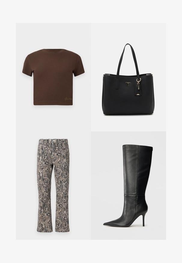 Hnědý zkrácený tričko vyrobené z měkké bavlny, s krátkými rukávy a kulatým výstřihem. Obsahuje jemné logo "Guess" ve zlaté barvě na spodním okraji.; Kalhoty s hadím potiskem v odstínech hnědé a černé, s volným střihem, elastickým pasem a texturovanou tkaninou se šupinatým vzorem.; Černá kožená vysoká bota s špičatou špičkou a úzkým podpatkem stiletto, hladká textura, boční profil na neutrálním pozadí.; Černá taška přes rameno vyrobená z texturovaného syntetického materiálu, s dvojitými uchy, zlatým logem a malou visačkou s akcentem.