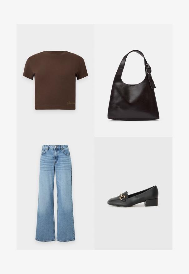 Hnedé skrátené tričko vyrobené z jemnej bavlny, s krátkymi rukávmi a okrúhlym výstrihom. Obsahuje jemné logo "Guess" v zlatej farbe na spodnej časti.; Svetlomodré džíny so širokými nohavicami vyrobené z denimu, s vysokým pásom, piatimi vreckami a jemnou vyblednutou textúrou s nitovaným kovovým doplnkom.; Čierne kožené mokasíny s plochým podpätkom, ktoré majú dekoratívny zlatý kovový detail vpredu a hladkú textúru.; Hnedá kožená taška cez rameno s hladkým povrchom, zaobleným tvarom, širokým popruhom a kruhovým kovovým akcentom na rúčke.
