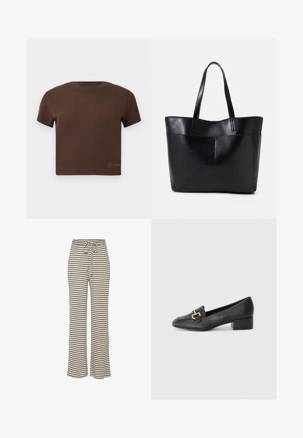 T-shirt cropped castanho feito de algodão suave, com mangas curtas e decote redondo. Inclui um discreto logótipo "Guess" em dourado na parte inferior.; Calças largas às riscas em creme e preto. Tecido macio e texturizado com cintura ajustável com cordão e um corte descontraído.; Mocassins de couro preto com um salto baixo, apresentando um detalhe decorativo em metal dourado na parte da frente e uma textura suave.; Bolsa tote preta em couro com duas alças longas, textura suave e forma estruturada. Apresenta um bolso frontal para armazenamento adicional.