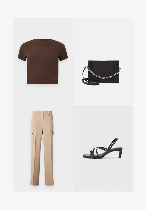 Kohvane lühikeste varrukatega puuvillane cropped T-särk, millel on ümmargune kaelus. Altpoolt on diskreetne kuldne "Guess" logo.; Beezid värvi cargo püksid, millel on kaks külgmist taskut, lame eesmine osa ja ruudukujuline metallist aktsent vöökoht. Valmistatud siledast ja kergest kangast.; Mustast rihmajalatsid ruudukujulise varba ja madala ploki kontsaga. Omab mitmeid õhukesi rihmasid ja reguleeritavat pahkluu rihma. Valmistatud siledast nahast.; Mustast nahast õlakott, mis omab siledat tekstuuri, ristküliku kuju ning esiküljel metallketi detaili. Reguleeritav rihm on kaasas.