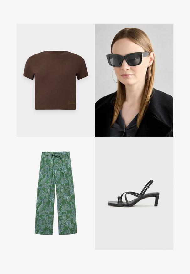 Ruskea lyhythihainen cropped t-paita pehmeää puuvillaa, jossa on pyöreä pääntie. Sisältää hillityn "Guess" -logon kultaisena alareunassa.; Vihreät paisley-kuosiset leveät housut, joissa on joustava vyötärö ja naru. Kangas on sileäpintaista ja siinä on monimutkaisia sinisiä yksityiskohtia.; Mustat hihnalligat, joissa on neliön muotoinen kärki ja matala lohkokorko. Ominaisuuksiin kuuluu useita ohuita hihnoja ja säädettävä nilkkahihna. Valmistettu sileästä nahasta.; Mustan kissakuvioisen aurinkolasit tummilla linsseillä, paksuilla kehyksillä ja hillityillä yksityiskohdilla. Yhdistetty mustaan takkiin ja harmaaseen paitoihin, joissa on pitkät suorat hiukset.