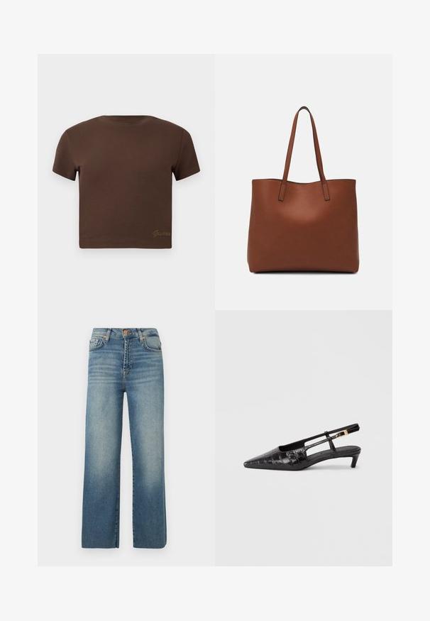 Tricou scurt maro realizat din bumbac moale, cu mâneci scurte și decolteu rotund. Include un logo subtil "Guess" de culoare aurie în partea de jos.; Jeans largi din denim de culoare albastră, cu un finisaj decolorat, design cu cinci buzunare, închidere cu nasture și bucle pentru curea, având o croială dreaptă, relaxată.; Sandal din piele neagră, cu vârf ascuțit, cu model de crocodil, toc mic și înălțat, și curea ajustabilă cu detaliu metalic de cataramă.; Geantă de umăr din piele maro cu o textură netedă, design cu vârf deschis și două curele pentru umăr. Prezintă cusături minime și fără componente metalice vizibile.