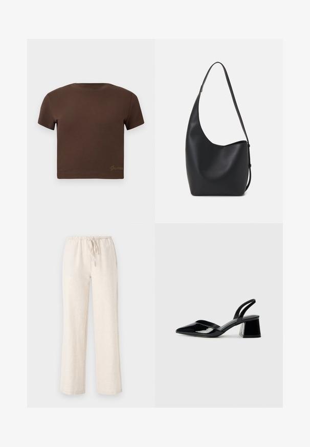 Brunnet avkortet t-skjorte laget av myk bomull, med korte ermer og rund halslinning. Inkluderer subtil "Guess" logo i gull nederst.; Lys beige, løstsittende linbukser med elastisk midjebånd og justerbar snor. Glatt tekstur og rett ben-design.; Svarte patentlær slingback hæler med spiss tå og geometrisk blokk hæl. Har et stilrent, minimalistisk design og jevn tekstur.; Svart lær hobo-veske med glatt tekstur, buet form og enkelt justerbart stropp; har en bred åpning på toppen.