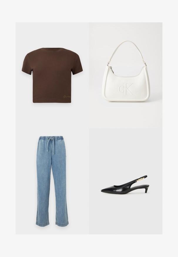 Brunnet avkortet t-skjorte laget av myk bomull, med korte ermer og rund halslinning. Inkluderer subtil "Guess" logo i gull nederst.; Lys blå denimbukser med elastisk midje, snor og oppbrettede ermer. Rett ben design med en avslappet passform.; Sorte lærreim hæler med spiss tå, som har en slank hæl og en gullfarget detalj på den justerbare stroppen. Glatt tekstur.; Hvit lærveske med en buet fasong, med et preget "CK"-logo på forsiden og en enkel skulderstropp. Glidelåslukking på toppen.