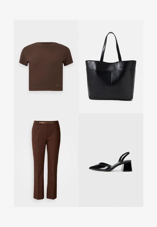 Brown cropped t-shirt made of soft cotton, featuring short sleeves and a round neckline. Includes subtle "Guess" logo in gold at the bottom.; Brown tailored trousers with a smooth texture, featuring a gold chain accent at the waistband and straight leg design.; Black patent leather slingback heels with a pointed toe and a geometric block heel. Features a sleek, minimal design and smooth texture.; Black leather tote bag with two long handles, a smooth texture, and a structured shape. Features a front pocket for additional storage.