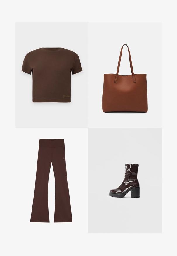 Tricou scurt maro realizat din bumbac moale, cu mâneci scurte și decolteu rotund. Include un logo subtil "Guess" de culoare aurie în partea de jos.; Pantaloni maro evazați dintr-un material moale, cu un talie lata, textură netedă și un accent mic cu logo pe lateral.; Botine lucioase burgundy, cu toc gros negru, având o textură netedă și un design simplu. Fără închideri sau modele vizibile.; Geantă de umăr din piele maro cu o textură netedă, design cu vârf deschis și două curele pentru umăr. Prezintă cusături minime și fără componente metalice vizibile.