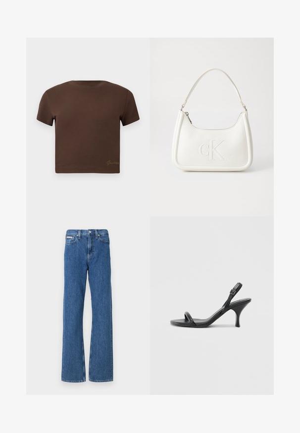 Smeđi skraćeni majica od mekog pamuka, s kratkim rukavima i okruglim izrezom. Uključuje suptilni "Guess" logo u zlatnoj boji na dnu.; Plave traperice s ravnim nogavicama, koje imaju srednji struk, prednje džepove i suptilne izblijedjele detalje.; Crne kožne sandale na visoku petu s tankom, zakrivljenom petom i dizajnom prekriženih traka. Podesiva traka oko gležnja. Glatka tekstura.; Bijela kožna torba s zakrivljenim oblikom, koja na prednjoj strani ima utisnut logotip "CK" i jedan remen za nošenje preko ramena. Zatvaranje na munju na vrhu.