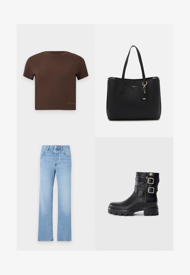 Hnedé skrátené tričko vyrobené z jemnej bavlny, s krátkymi rukávmi a okrúhlym výstrihom. Obsahuje jemné logo "Guess" v zlatej farbe na spodnej časti.; Svetlo modré džínsy so strihom rovný nohavíc, vysokým pásom, piatimi vreckami, uzáverom na gombík a jemným vyblednutím po celom materiáli.; Čierne kožené členkové topánky s dvojitými prackami, zipsom, masívnou podrážkou a hladkým povrchom. Vyznačujú sa robustným a štýlovým dizajnom.; Čierna taška cez plece vyrobená z textúrovaného syntetického materiálu, so zatahovacími popruhmi, zlatou logovou tabuľkou a malou značkou s akcentovou detailou.