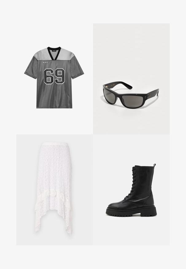 Szary sportowy T-shirt wykonany z błyszczącego materiału siatkowego. Posiada czarny dekolt w kształcie V, dużą białą cyfrę 69 oraz trzy białe gwiazdki na górnej lewej stronie.; Biała koronkowa spódnica z teksturowanym kwiatowym wzorem, o asymetrycznym dole i falbankach na końcu, z elastycznym paskiem w talii.; Czarne skórzane buty wojskowe z sznurowanym przodem, okrągłym noskiem, masywną podeszwą i pętelką z tyłu. Teksturowane wykończenie i solidna konstrukcja.; Czarne okulary przeciwsłoneczne z ciemnoszarymi soczewkami, o smukłej plastikowej oprawie, lekko kanciastej konstrukcji i subtelnym złotym wykończeniu na zauszniku.