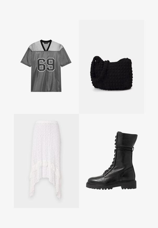 Sivý športový dres vyrobený z lesklého sieťového materiálu. Obsahuje čierny výstrih do V, veľké biele číslo 69 a tri biele hviezdy v ľavom hornom rohu.; Biela čipkovaná sukňa s textúrovaným kvetinovým vzorom, s vysokým a nízkym lemom a volánovými akcentmi na spodnej časti, s elastickým pásom.; Čierne kožené bojové čižmy s textúrovaným povrchom, dizajn po kolená, šnurovacie prednej časti a masívna gumová podrážka s ryhovaným vzorom.; Čierna látková taška s textúrovaným, prešívaným vzorom. Zaoblený tvar, krátke, hrubé rúčky a mäkká, flexibilná konštrukcia.