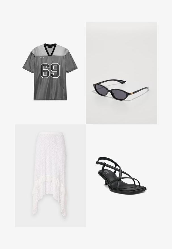Harmaa urheiluverkkopaita, joka on valmistettu kiiltävästä verkkomateriaalista. Siinä on musta V-kaula-aukko, suuri valkoinen numero 69 ja kolme valkoista tähteä vasemmassa yläkulmassa.; Valkoinen pitsihame, jossa on teksturoitu kukkakuosi, korkea-matala helma ja röyhelökoristeet alhaalla, varustettuna joustavalla vyötäröllä.; Mustat nahkaiset slingback-sandaalit, joissa on useita ristikkäisiä hihnoja, neliön muotoinen kärki, minimaalinen kanta ja sileä teksturoitu pohja. Hopeinen solkiyksityiskohta.; Mustat aurinkolasit, joissa on ovaalit linssit, tummat sävygradientit ja kapeat varret, joissa on hienovaraiset kultaiset yksityiskohdat. Sileä muovipinta.; Sininen farkkureppu, jossa on pehmustettu, pyöreä muoto ja kaareva kahva. Kankaan pinta on pehmeä, ja siinä on näkyvää ommeltavaa sekä sileä viimeistely.