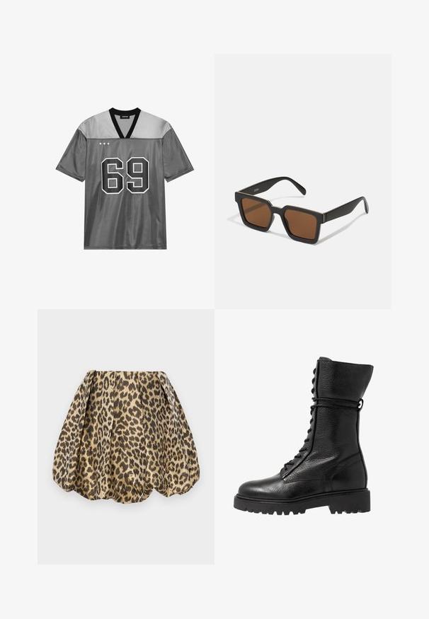 Szary sportowy T-shirt wykonany z błyszczącego materiału siatkowego. Posiada czarny dekolt w kształcie V, dużą białą cyfrę 69 oraz trzy białe gwiazdki na górnej lewej stronie.; Sister Jane LOLA wielokolorowy; Czarne skórzane buty wojskowe z teksturowanym wykończeniem, sięgające do kolan, z przodem na sznurówki i grubą gumową podeszwą z rowkowanym wzorem.; Czarne kwadratowe okulary przeciwsłoneczne z brązowymi soczewkami, o matowym wykończeniu i złotych akcentach na oprawie. Projekt jest kanciasty z szerokimi zausznikami.