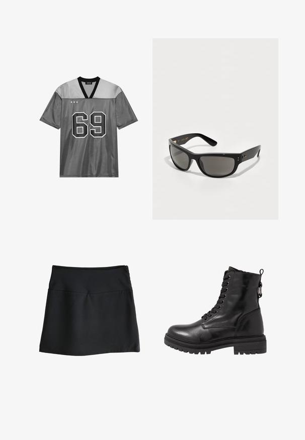 Maglia atletica grigia realizzata in materiale a rete lucida. Presenta un colletto a V nero, un grande numero bianco 69 e tre stelle bianche in alto a sinistra.; Gonna nera con una texture liscia, design al ginocchio e una semplice vita elastica. Presenta una cerniera discreta sul retro.; Stivale in pelle nera alla caviglia con punta tonda, chiusura con lacci frontale e suola in gomma testurizzata. Presenta una fettuccia sul retro e cuciture rinforzate.; Occhiali da sole neri con lenti grigie scure, caratterizzati da una montatura in plastica elegante, un design leggermente angolare e dettagli dorati discreti sulle tempie.