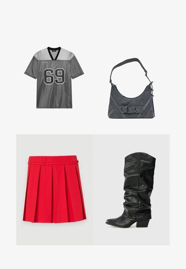 Harmaa urheiluverkkopaita, joka on valmistettu kiiltävästä verkkomateriaalista. Siinä on musta V-kaula-aukko, suuri valkoinen numero 69 ja kolme valkoista tähteä vasemmassa yläkulmassa.; Punainen laskostettu hame, joka on valmistettu sileästä kankaasta. Siinä on vyötärönauha, jossa on vyölenkit, ja muotoillut laskokset lisäämään tilavuutta.; Mustat nahkaiset polvipituiset saappaat, joissa on renksumainen muotoilu, terävä kärki ja paksu korko, jotka omaavat sileän pinnan ja minimaalisen ompeleen.; Harmaa kangasolkalaukku, jossa on rakennettu muoto, vetoketjukiinnitys, metalliset korostusosat ja leveä säädettävä olkahihna. Sisältää vinoja ompelusaumoja.