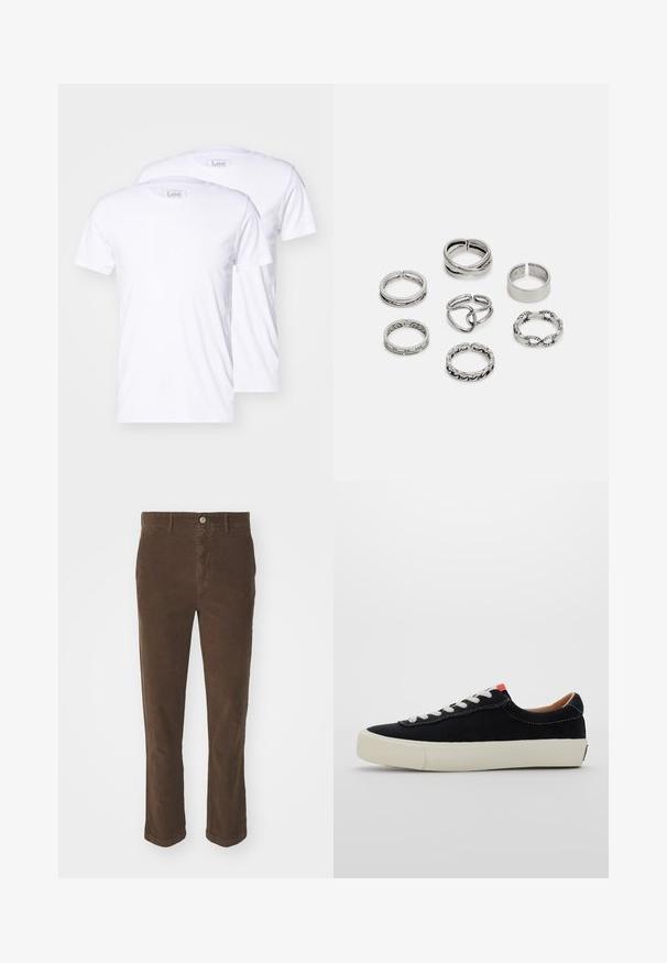 Dve bele bombažne majice s kratkimi rokavi, okroglimi ovratniki in Lee oznakami na etiketah. Gladka tekstura, klasičen kroj, brez dodatnih vzorcev.; Rjave kordurojske hlače s ravnim krojem, ki vključujejo sprednje gumbne zapore, dva sprednja žepa in mehak teksturiran material.; Črni platneni športni copat z belimi vezalkami, bež gumijastim podplatom in rdečim poudarkom na peti. Okrogla konica in minimalni detajli šivanja.; Set sedmih srebrnih prstanov z različnimi oblikami, vključno s prepletenimi, povezanimi in graviranimi motivi. Različne oblike in širine.