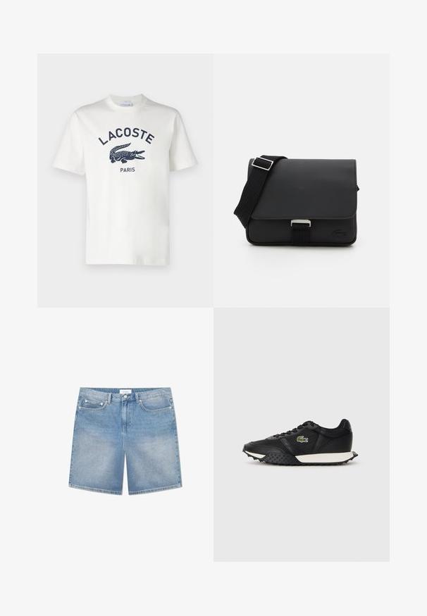 Fehér pamut póló rövid ujjakkal, középen elhelyezett sötétkék Lacoste logóval és krokodil grafikával. Puha tapintású.; Világoskék farmer rövidnadrág egyenes szabással, öt zsebbel, enyhe kopással és márkás derékkal. Pamut anyag klasszikus varrással.; Fekete sportcipők sima bőr borítással, texturált gumi talppal, fehér középtalppal és zöld hímzett logóval az oldalon.; Fekete üzenetküldő táska textúrált anyagból, kihajtható zárófedéllel, állítható pánttal és fémből készült kiegészítőkkel. Az elülső részen logó részlet található.