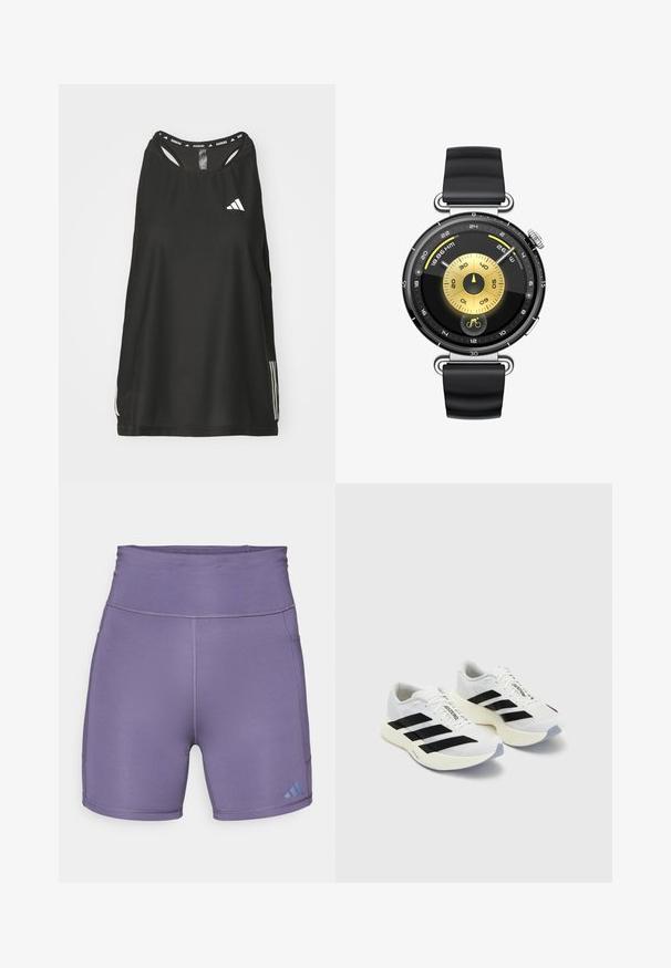 Black sleeveless athletic top with a round neckline. Features a white logo and three white stripes at the sides; made of breathable fabric.; Purple athletic shorts with a high waistband, smooth texture, and contrasting blue logo on the lower left. Features flatlock seams.; White athletic shoes with black stripes and branding, featuring a mesh upper, rounded toe, and thick cream sole for cushioning.; Black silicone strap watch with a round black and gold face, featuring a central dial and various measurement indicators, including a cycling icon.