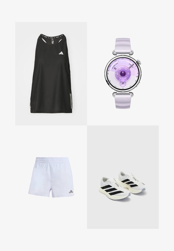 Schwarzes ärmelloses Sportoberteil mit rundem Halsausschnitt. Besondere Merkmale sind ein weißes Logo und drei weiße Streifen an den Seiten; aus atmungsaktivem Material gefertigt.; Weiße Sportshorts mit einem elastischen Bund, aus leichtem Material, mit einem kleinen dunklen Logo am unteren rechten Bein.; Weiße Sportschuhe mit schwarzen Streifen und Branding, ausgestattet mit einem oberen Mesh, abgerundeter Zehenpartie und dicke cremefarbene Sohle für Dämpfung.; Runder silberner Uhr mit lilafarbenem Silikonarmband. Das Ziffernblatt zeigt konzentrische Kreise in schattierten lila Tönen mit verschiedenen Messmarkierungen.