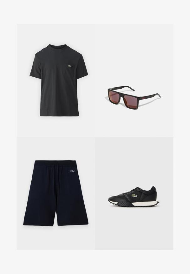 Must musta T-särk lühikeste varrukatega, ümmarguse kaelusega ja väikese rohelise logoga vasakus rinnataskus. Lihtne disain, regulaarne lõige.; Tumedad sinised lühikesed püksid pehmest kangast, millel on elastne vöökoht koos nööridega ning tikandiga tekst "Tulevik" ülaservas.; Mustad mustad spordijalatsid sileda nahkviimistlusega, tekstuurse kummitaldiga, valge vahevaibaga ja rohelise brodüüritud logoga küljele.; Mustad mustad prillid tumepunaste läätsedega, millel on mati viimistluse ja punane logo temple. Vastupidav plastikkaader.