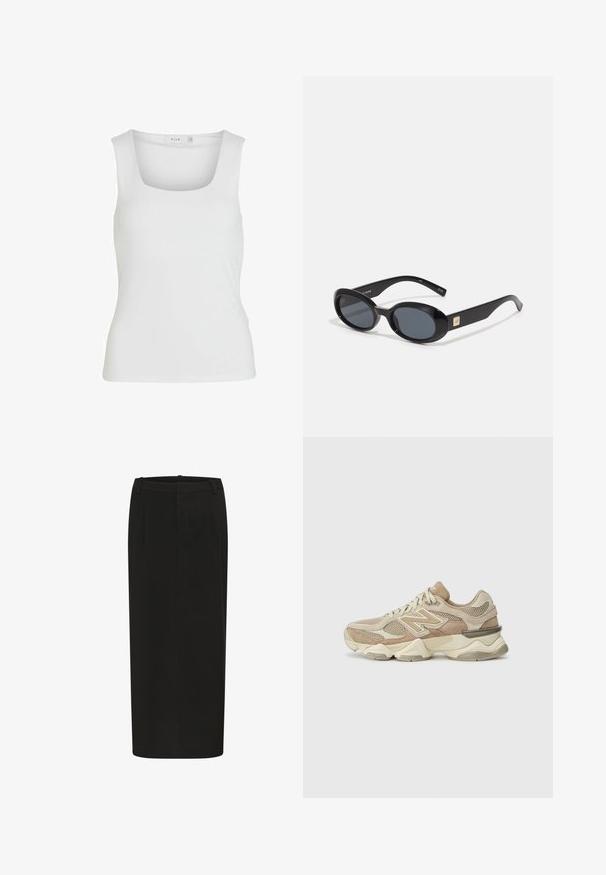White sleeveless tank top with a square neckline, smooth texture, and a form-fitting design. Made from lightweight fabric.; Black pencil skirt with a straight silhouette, made of solid fabric, featuring front pleats and a low waistband. No visible fastenings.; Beige athletic sneakers with mesh and suede materials, rounded toe, thick sole, and notable reflective accents on the side.; Black oval sunglasses with dark lenses, glossy plastic frame, wide arms, and a small gold accent on one side.