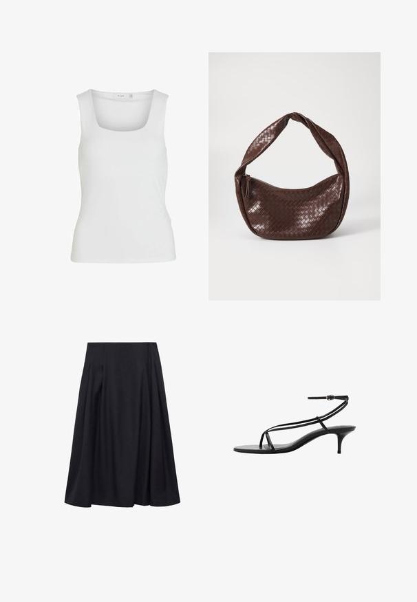 Top bianco senza maniche con scollatura quadrata, texture liscia e design aderente. Realizzato in tessuto leggero.; Mango THAI - Gonna a campana - blue; Sandali neri con tacco alto caratterizzati da fasce sottili, un design minimalista, punta affusolata e un piccolo tacco a stiletto. Texture in pelle liscia.; Borsa in pelle intrecciata marrone con manico curvo annodato e chiusura con zip. Texture liscia e forma arrotondata.; Orecchini a bottone color oro con una superficie liscia e lucida a forma di goccia, che riflettono la luce per un effetto brillante.