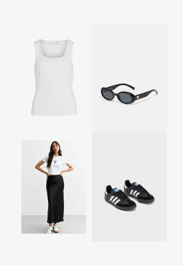 Camiseta sin mangas blanca con escote cuadrado, textura suave y diseño ajustado. Fabricada con un tejido ligero.; Camiseta blanca corta con estampado "PARIS", combinada con una falda maxi negra de seda. La modelo lleva zapatillas blancas con acentos en beige y negro.; Zapatillas negras con un upper de ante y sintético, con tres rayas blancas, suela de goma texturizada y etiqueta de logo azul en la lengüeta.; Gafas de sol negras en forma ovalada con lentes oscuros, montura de plástico brillante, brazos anchos y un pequeño acento dorado en un lado.