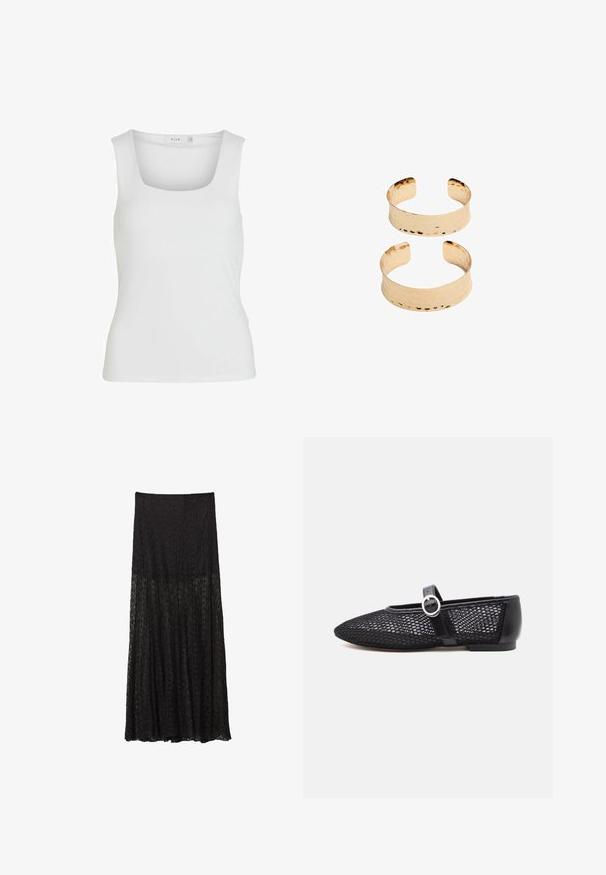 Bijela majica bez rukava s kvadratnim izrezom, glatke teksture i krojem koji se prilagođava tijelu. Izrađena od lagane tkanine.; Crna čipkasta maksi suknja s višeslojnim dizajnom, teksturiranim uzorkom i lepršavim siluetom. Elastična utezna traka za prilagodljivo pristajanje.; Crne mrežaste Mary Jane balerinke s zaobljenim vrhom, podesivim remenom, srebrnom kopčom i čvrstim stražnjim dijelom na bijeloj pozadini.; Zlatno-tonirani metalni manšete s udarenom teksturom, sa otvorenim dizajnom i glatkim rubovima. Prikazane su dvije veličine: jedna šira, jedna uža.