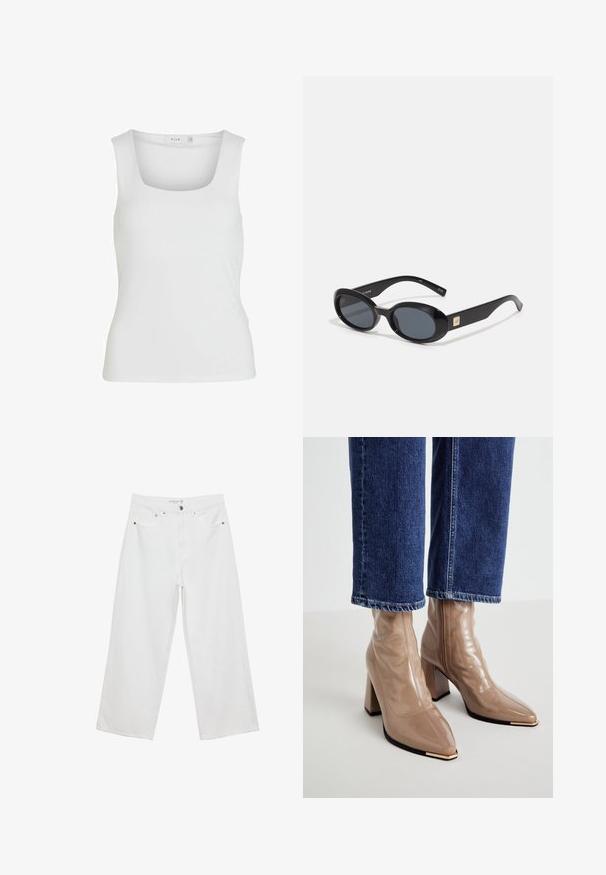Bijela majica bez rukava s kvadratnim izrezom, glatke teksture i krojem koji se prilagođava tijelu. Izrađena od lagane tkanine.; Bijele široke traperice s visokim strukom, s pet džepova i metalnim detaljima. Glatka tekstura, bez vidljivih uzoraka.; RAID TULIPA - Gležnjače s visokom petom - nude; Crne ovalne sunčane naočale s tamnim staklima, sjajnim plastičnim okvirom, širokim krakovima i malim zlatnim detaljem s jedne strane.