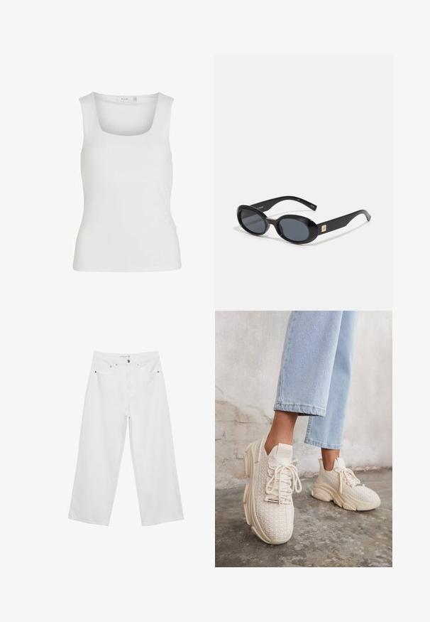 Débardeur blanc sans manches avec un décolleté carré, texture lisse et design ajusté. Fabriqué en tissu léger.; Jean large blanc en denim avec taille haute, comportant cinq poches et des accents en métal. Texture lisse, sans motifs visibles.; Baskets tricotées beiges avec une tige texturée, bout rond, semelle épaisse et lacets décoratifs, associées à un jean court bleu clair.; Lunettes de soleil ovales noires avec des verres foncés, monture en plastique brillant, branches larges et un petit accent doré d'un côté.