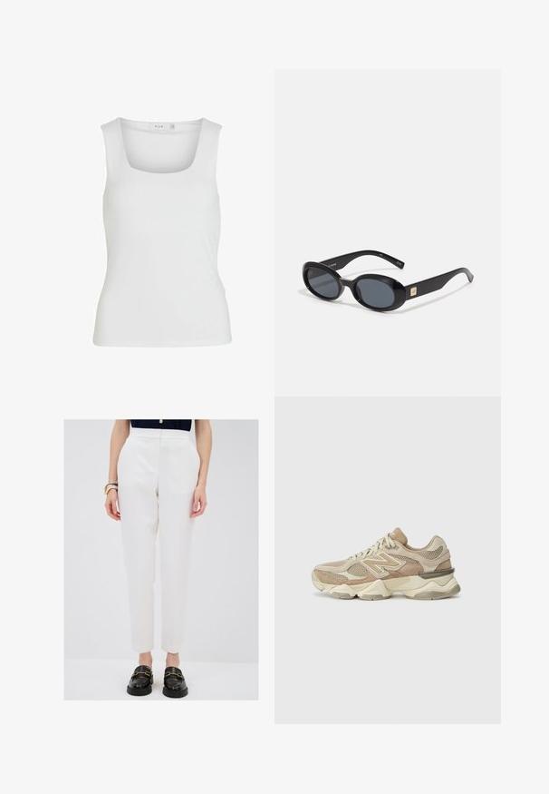 Hvid ærmeløs tanktop med firkantet udskæring, glat tekstur og tætsiddende design. Fremstillet af letvægtsmateriale.; Hvide skræddersyede bukser med høj talje, lige ben design og glat tekstur. Matchet med sorte loafers med guld accenter.; Beige sportsko i mesh og ruskind, rund tå, tykk sål og bemærkelsesværdige reflekterende detaljer på siden.; Sorte ovale solbriller med mørke linser, glansfuld plastikramme, brede arme og en lille gul accent på den ene side.