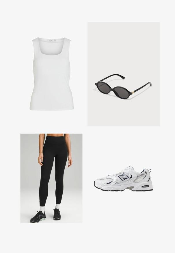 Top bianco senza maniche con scollatura quadrata, texture liscia e design aderente. Realizzato in tessuto leggero.; Leggings neri alta vita realizzati in materiale elasticizzato, con un design elegante, una texture liscia e un discreto dettaglio laterale. Abbinati a scarpe da ginnastica nere.; Scarpa sportiva bianca con tomaia in mesh, dettagli in blu marino e suola imbottita. Presenta il logo "N", lacci e dettaglio texturizzato sul lato.; Occhiali da sole ovali neri con lenti scure, montatura in plastica lucida e decorazioni in oro sulle tempie.