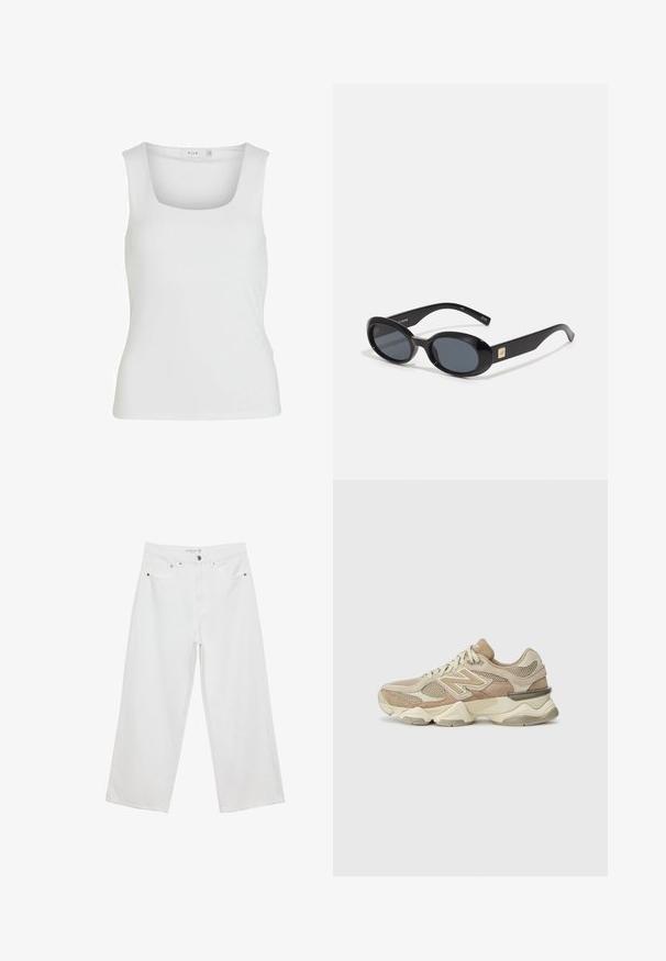 Bijela majica bez rukava s kvadratnim izrezom, glatke teksture i krojem koji se prilagođava tijelu. Izrađena od lagane tkanine.; Bijele široke traperice s visokim strukom, s pet džepova i metalnim detaljima. Glatka tekstura, bez vidljivih uzoraka.; Bež športne tenisice s mrežastim in zamškim materialom, okrogel nosek, debele podplate in opazni odsevni poudarki na strani.; Crne ovalne sunčane naočale s tamnim staklima, sjajnim plastičnim okvirom, širokim krakovima i malim zlatnim detaljem s jedne strane.