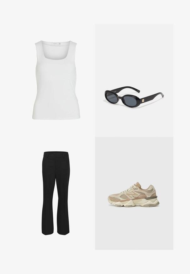 White sleeveless tank top with a square neckline, smooth texture, and a form-fitting design. Made from lightweight fabric.; Black pants made of smooth fabric, featuring a straight leg design with a flat front and side pockets. No visible patterns or accents.; Beige athletic sneakers with mesh and suede materials, rounded toe, thick sole, and notable reflective accents on the side.; Black oval sunglasses with dark lenses, glossy plastic frame, wide arms, and a small gold accent on one side.